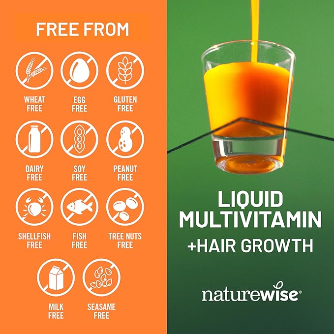 NatureWise Liquid Multivitamin Hair Growth for Women &amp Men + Tocogaia® for Hair Growth &amp Skin Elasticity Support + Biotin Vitamin D E B - Sugar Free Multivitamin Vegan - 15 fl oz[15 Servin
