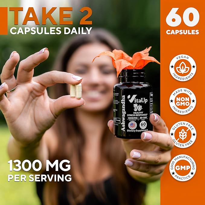 Ashwagandha Capsules 1310mg with Black Pepper - USA Made Ashwagandha Supplements for Relaxation Support Normal Cognitive Function &amp Balanced Energy Levels – 60 Caps
