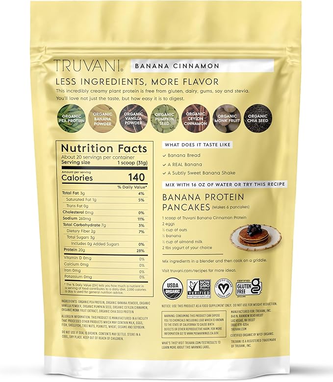 Truvani Vegan Pea Protein Powder | Banana Cinnamon | 20g Organic Plant Based Protein | 20 Servings | Keto | Gluten &amp Dairy Free | Low Carb | No Added Sugar
