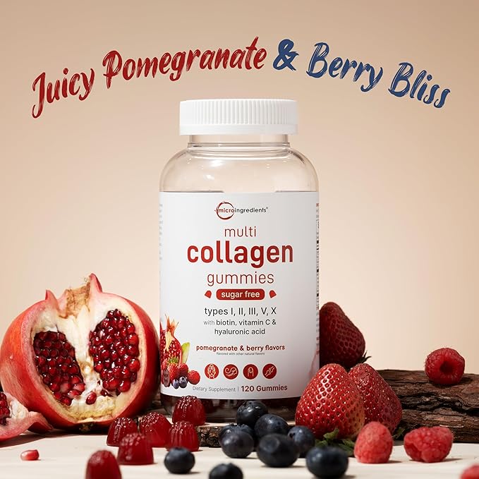 Micro Ingredients Multi Collagen Peptides 120 Collagen Gummies | Type IIIIIIVX Protein with Biotin Hyaluronic Acid &amp Vitamin C Complex | Pomegranate &amp Berry Flavored | Sugar Free Non-G