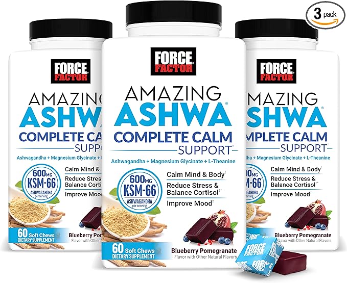 Force Factor Amazing Ashwa Complete Calm Support KSM-66 Ashwagandha Like Ashwangandha Gummies to Promote Calm &amp Relaxation with Magnesium &amp L-Theanine Blueberry Pomegranate 180 Soft Chews