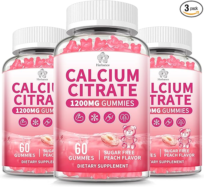 (3 Pack) Calcium Citrate Gummies 1200 mg for Adults High Absorption Calcium Supplement for Women &amp Men Sugar Free Non-GMO Gluten Free Supports Muscle &amp Immune - Natural Peach Flavor