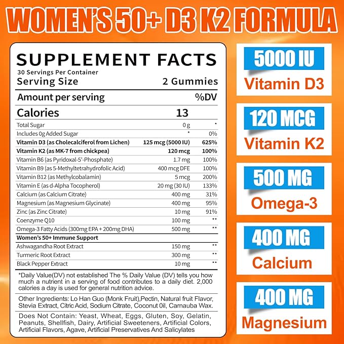 Vitamin D3 K2 Gummies Supplement for Women 50+: Organic Vitamin D3 5000 IU + K2 (MK-7) 120 mcg with 500mg Omega-3 400mg Calcium CoQ10 for Immune Health - Extra Strength for Adults(120Count)