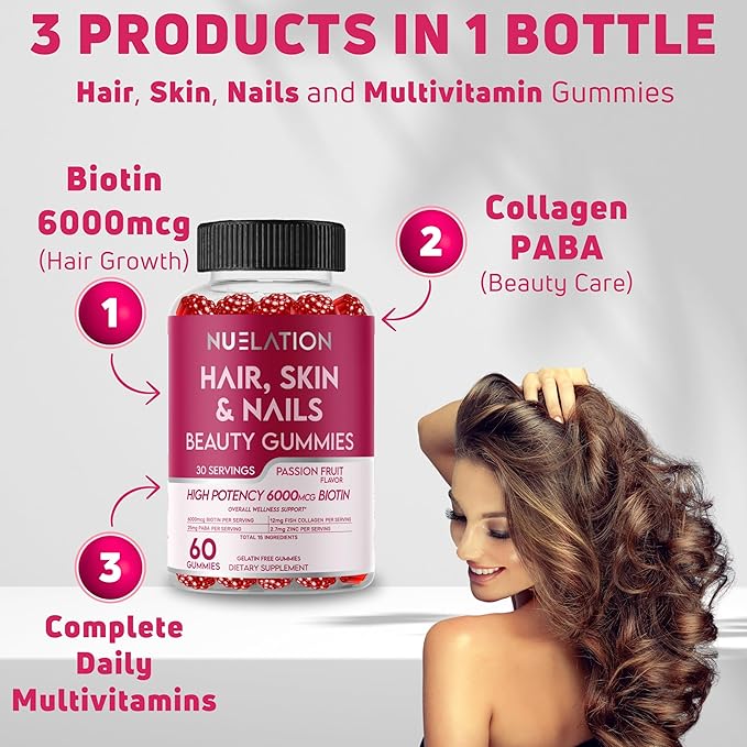Hair Skin and Nails Gummies with Biotin (6000mcg) Collagen &amp PABA - Hair Skin and Nails Vitamins for Women and Men - Supports Hair Growth Stronger Nails Healthy Skin - 30 Servings