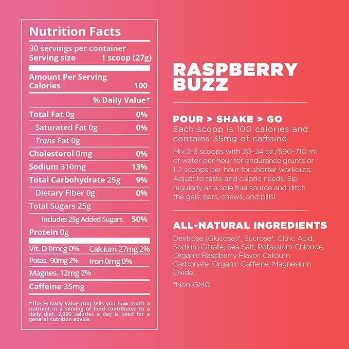 Tailwind Nutrition Endurance Fuel Carbohydrate &amp Electrolyte Sports Drink Mix Powder Gluten-Free Vegan Raspberry Buzz 50 Servings (Caffeinated)