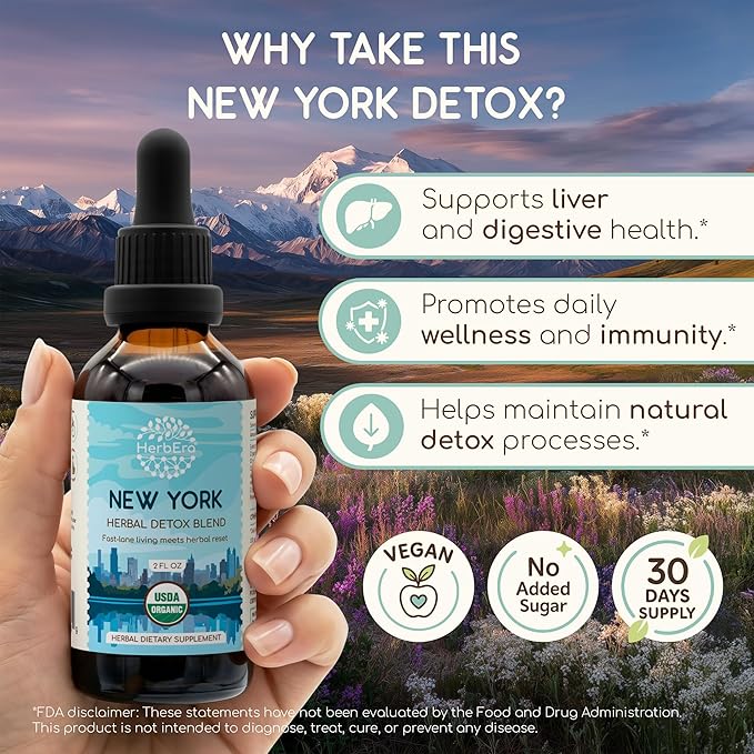 HerbEra New York Herbal Detox Blend - USDA Organic Extract Made in USA | Immune &amp Liver Support Liquid Drops | Dandelion Root Eleuthero Milk Thistle Rhodiola Turmeric | 2 fl oz