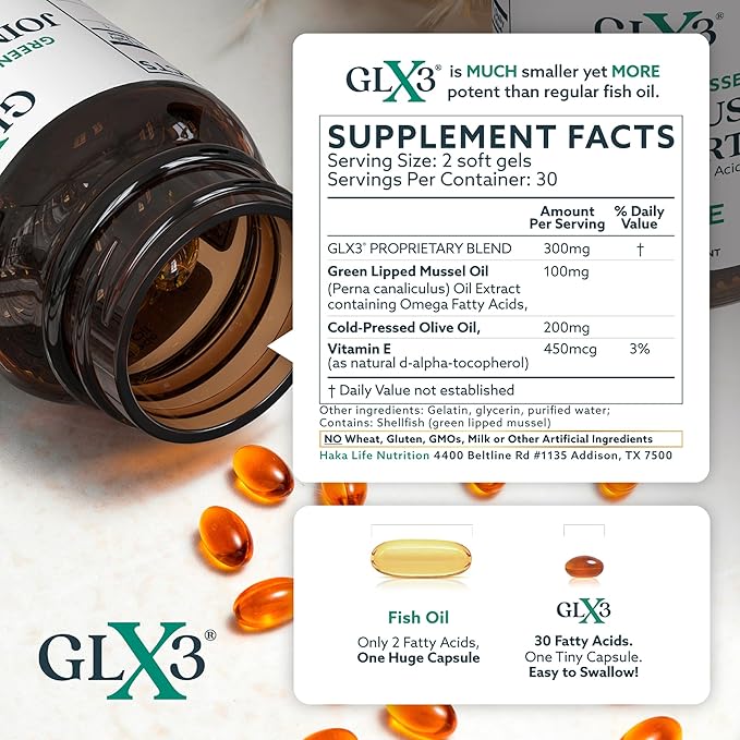 GLX3 Joint Support Extra Strength Omega-3 Supplement | Premium New Zealand Green Lipped Mussel Oil - Comfort Flexibility Muscle Recovery - ETA EPA DHA Omega 3 Supplement Capsules by Haka Life
