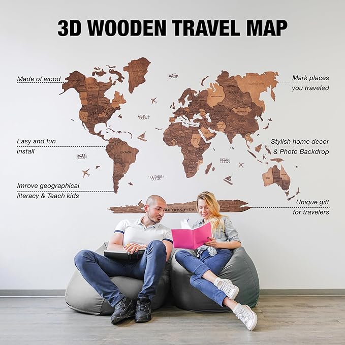 Handmade 3D Wood World Map Wall Art Large Wall Decor Track Your World Travels - Special for Home Kitchen and Office (Large Oak)