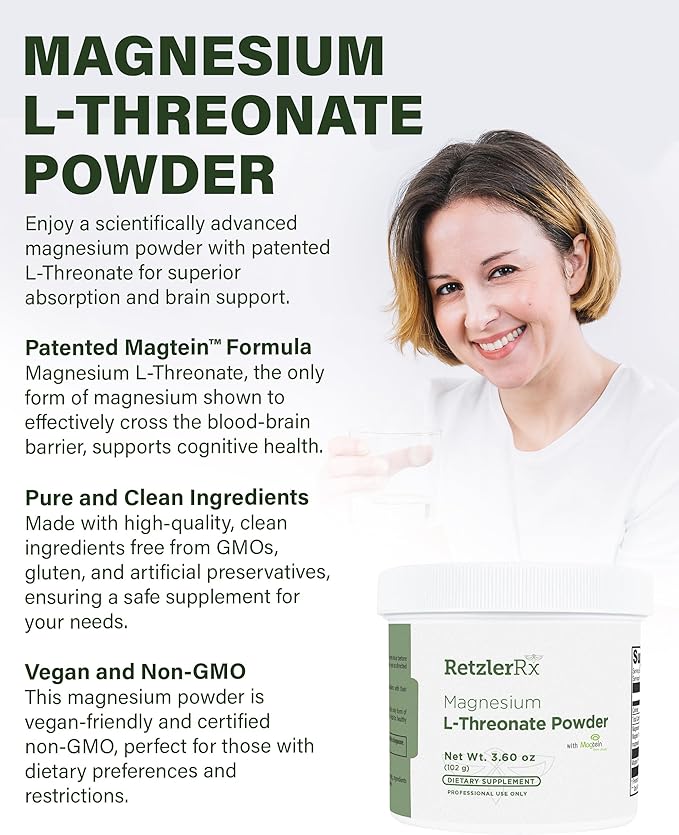 RetzlerRx Magnesium L-Threonate Powder with Magtein® - Brain-Supporting Magnesium Threonate Complex - Unflavored Gluten-Free Supplement for Cognitive Health - 60 Servings