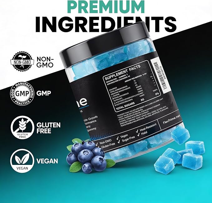 Creatine Monohydrate Gummies Sugar Free - 5g Creatine + Alpha GPC L-Taurine Betaine | Vegan Halal Blueberry Chews for Muscle Growth Brain Health | Men &amp Women 90 Count