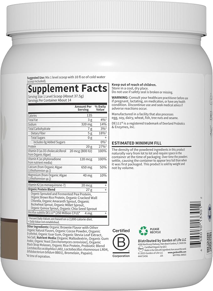 Garden of Life Organic Vegan Protein Powder 20g Plant Based Protein with Calcium D3 K2 MK-7 &amp Magnesium for Bone Strength Prebiotics &amp Probiotics for Digestion Brownie Bites Flavor 14 Se