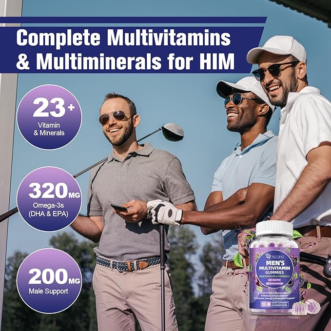 Multivitamin for Men Mens Multivitamins Gummies w/Omega-3 Probiotics Inositol Folate Biotin Zinc Vitamins A C D E B - Support Heart Brain Muscle Energy Sugar-Free Blackberry Flavor