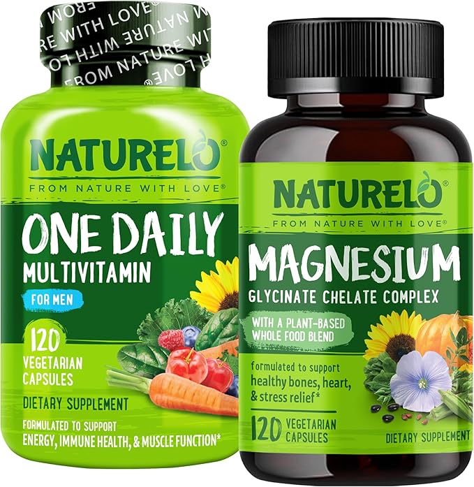 NATURELO Magnesium Glycinate Chelate Complex - 120 Capsules and One Daily Multivitamin for Men 120 Vegetarian Capsules Bundle