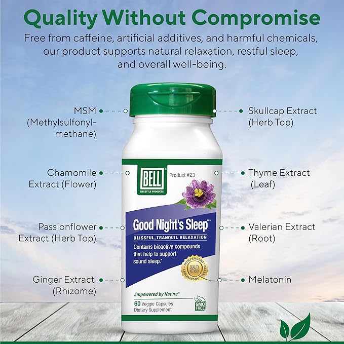 Bell Lifestyle Good Night's Sleep - Natural Sleep Support with Melatonin and Herbal Extracts Supports Relaxation &amp Sleep Patterns 60 Veggie Capsules