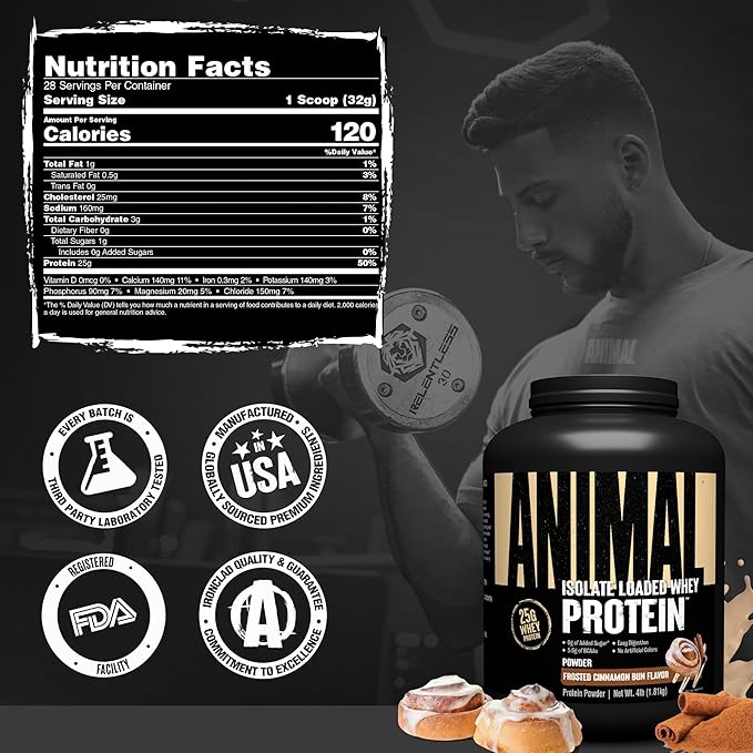 Animal Whey Isolate Protein Powder - Loaded for Pre &amp Post Workout Muscle Builder and Recovery with Digestive Enzymes for Men &amp Women - 25g Protein Great Taste Low Sugar - Frosted Cinnamon B