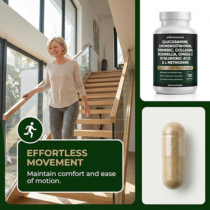 Arthronaturals 18 in 1 Joint Supplement with Glucosamine Chondroitin MSM Hyaluronic Acid Omega-3 and More for Provides Joint Support Improves Mobility &amp Long Term Health Vegan - 60 CPS (1)