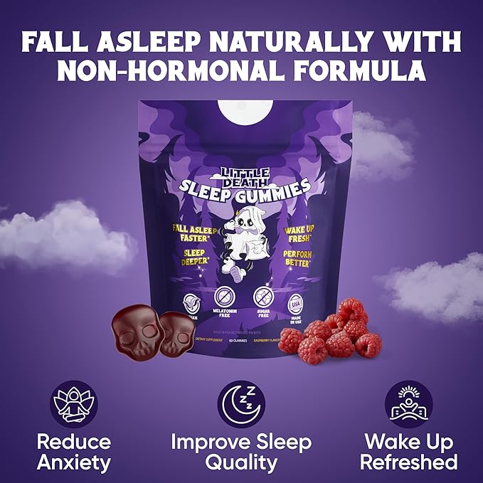 LITTLE DEATH Deep Sleep Gummies 60 Pcs. – 50 mg. Magnesium Ashwagandha Chamomile Vitamin B6 – Raspberry Flavor – Melatonin Free Sugar Free Vegan Made in USA