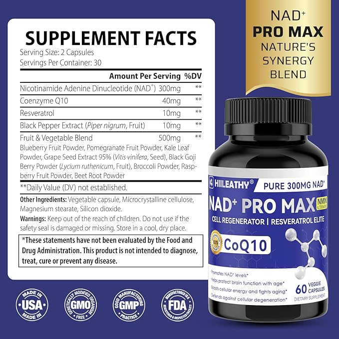 NAD+ Supplement for Men and Women with Resveratrol and CoQ10 Promotes Cell Regeneration and Anti-Aging American-Made NAD+ 60 Capsules(2 Pack)