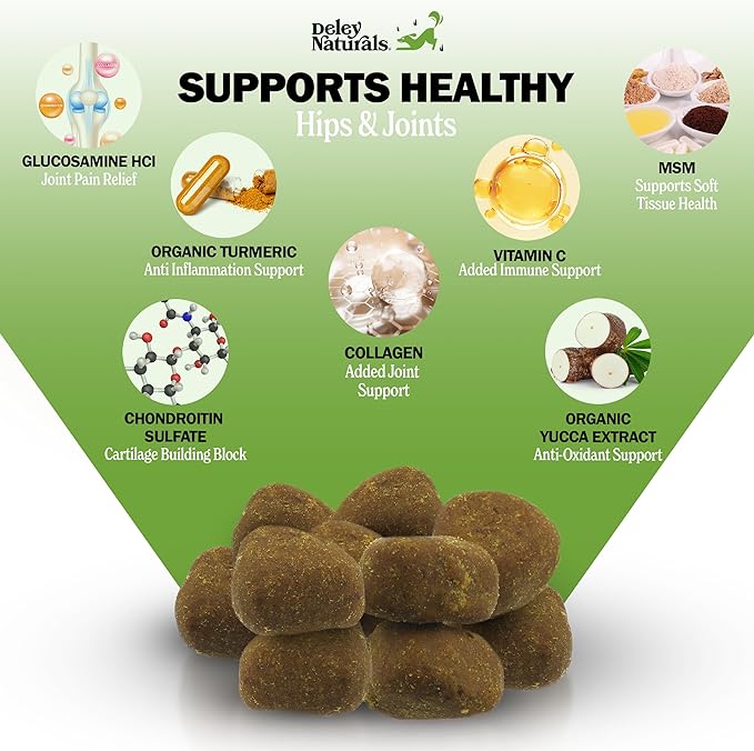 Deley Naturals Hip and Joint Supplement for Dogs - Glucosamine Chondroitin MSM &amp Collagen for Dogs - Dog Joint Supplement Smaller Chews Low Calories Same Ingredients - 120 Chicken Flavor Chews