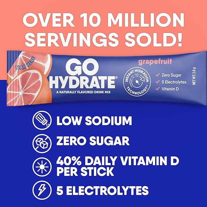 GoHydrate Low Sodium Electrolytes Powder Packets Sugar Free - Instant Hydration Daily Drink Mix - Zero Sugar Water Flavor Packet Singles with Vitamin D - (Grapefruit 30 Packs)