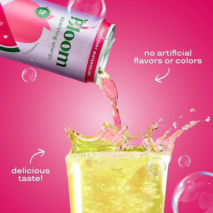 Bloom Nutrition Sparkling Energy Drink Zero Sugar 180mg Caffeine | Strawberry Watermelon | 12oz | 24 Pack | Antioxidant-Rich