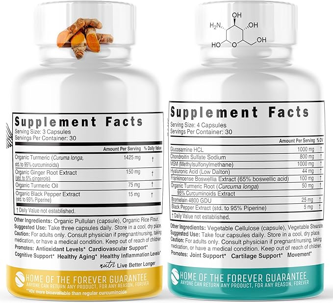 Nature's Fusions Organic Turmeric Supplement 1425mg 95% Cucuminoids &amp Glucosamine Chondroitin Joint Supplement Bundle