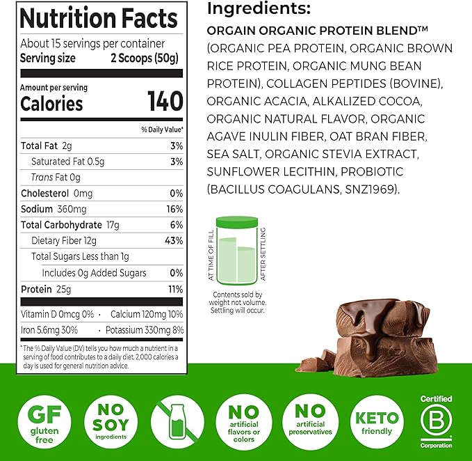 Orgain Protein Powder + Collagen Creamy Chocolate Fudge - 25g of Protein 10g Collagen Peptides Type I &amp III 1B CFU Probiotics Supports Hair Skin Nail Joint &amp Gut Health Gluten Free -