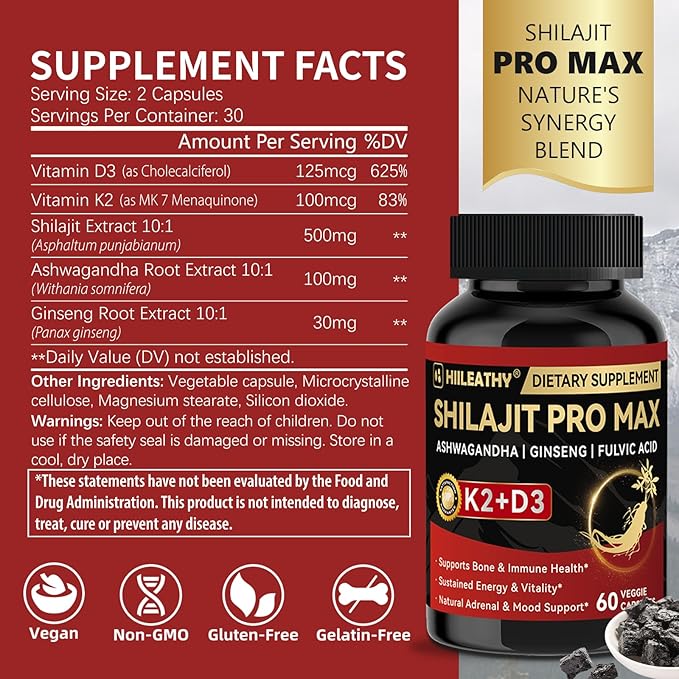 Shilajit for Men Women Shilajit w/Vitamin D3 K2 Shilajits for Men w/Fulvic Acid Ashwagandha Ginseng Root Shilajits for Extra Power Stamina Immune Support Non-GMO Made in US 60 Capsules