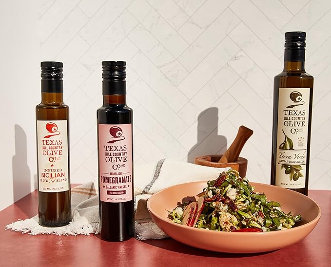 Pomegranate Balsamic Vinegar - Gourmet Barrel Aged Infused Balsamic Vinegar - Great for Dressing Dipping Glazing - No Artificial Flavors or Added Sugar - Made in Texas (8.5 oz 2 Pack)