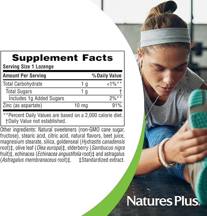 NaturesPlus Herbal Actives ImmunActin - 60 Zinc Lozenges Pack of 2 - Wild Cherry Flavor - Supports Immune Health - with Echinacea Elderberry &amp Olive Leaf - Gluten Free - 120 Total Servings