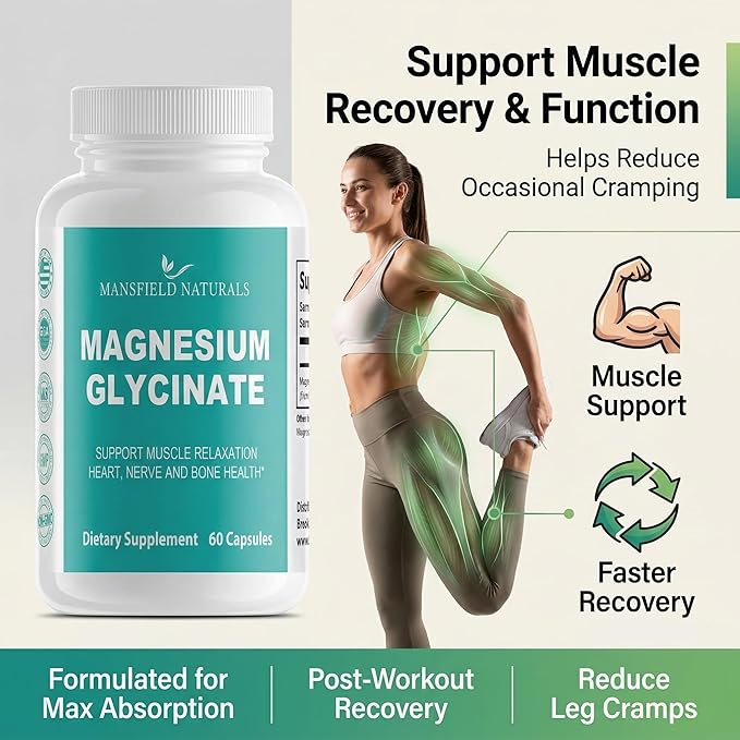 Magnesium Glycinate Supplement - Gentle on Stomach - Supports Nerve Muscle &amp Sleep Health - Capsules - 250 mg - 60 Count