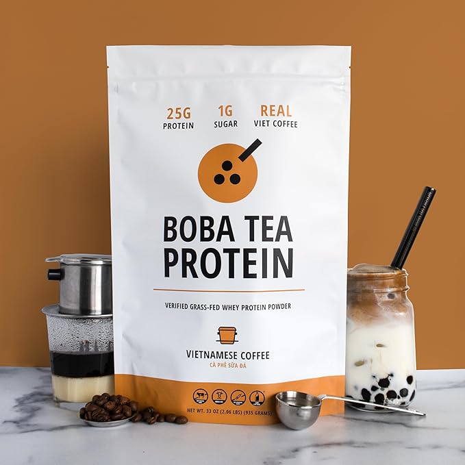 Boba Tea Protein Vietnamese Coffee | 25g Grass-Fed Whey Protein Isolate Powder | 112mg Caffeine | Gluten-Free &amp Soy-Free Bubble Tea Drink | Real Ingredients &amp Lactose-Free Protein Drink | 25 S