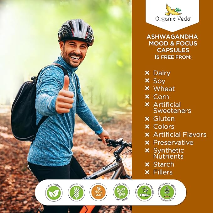 Organic Veda Ashwagandha Mood Support Supplement 1200mg with Organic Ashwagandha Root Bacopa Rhodiola Rosea Holy Basil Moringa Focus &amp Energy Support - 60 Vegan Capsules
