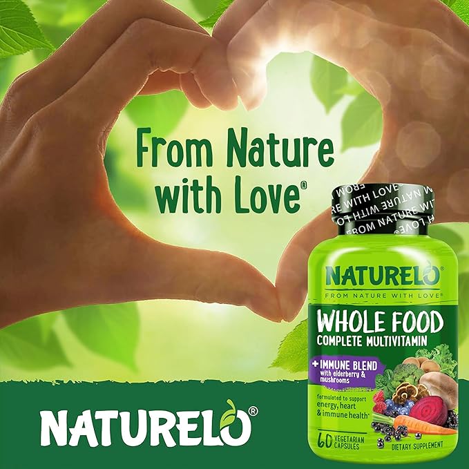 NATURELO Whole Food Multivitamin + Immune Blend with Elderberry &amp Mushrooms - Complete Multivitamin with Extra Immune Support - C D3 Zinc Elderberry Reishi Shitake - 60 Vegan Capsules