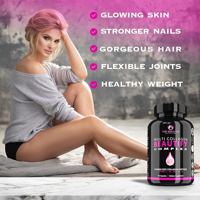 Collagen Pills - Beautify Multi Collagen Complex Capsules Type I II III V X | Extra Strength Hydrolyzed Collagen Peptides Supplements. Hair Skin Nails Vitamins 1800mg Collagen Capsules (1)