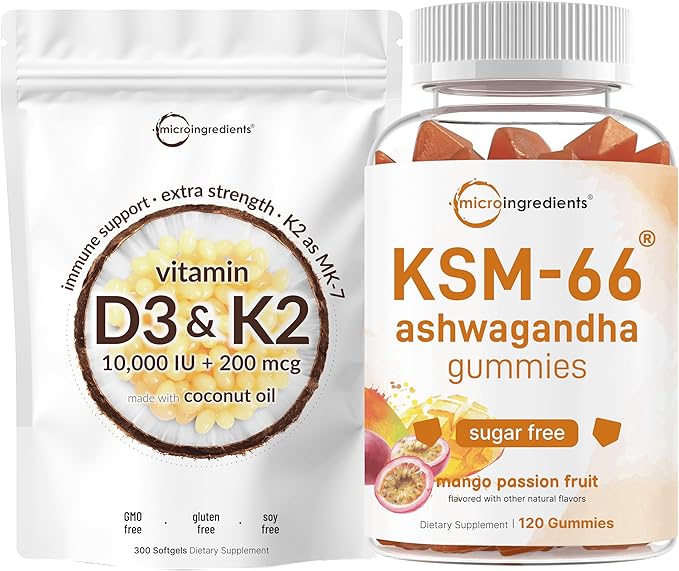 Micro Ingredients KSM-66 Ashwagandha Gummies &amp Vitamin D3 10000IU + K2 Softgel | Bundle | Sugar-Free Mango Passion Fruit | Highly Bioavailable Root Extract | D &amp K Sunshine Vitamins + Coconut