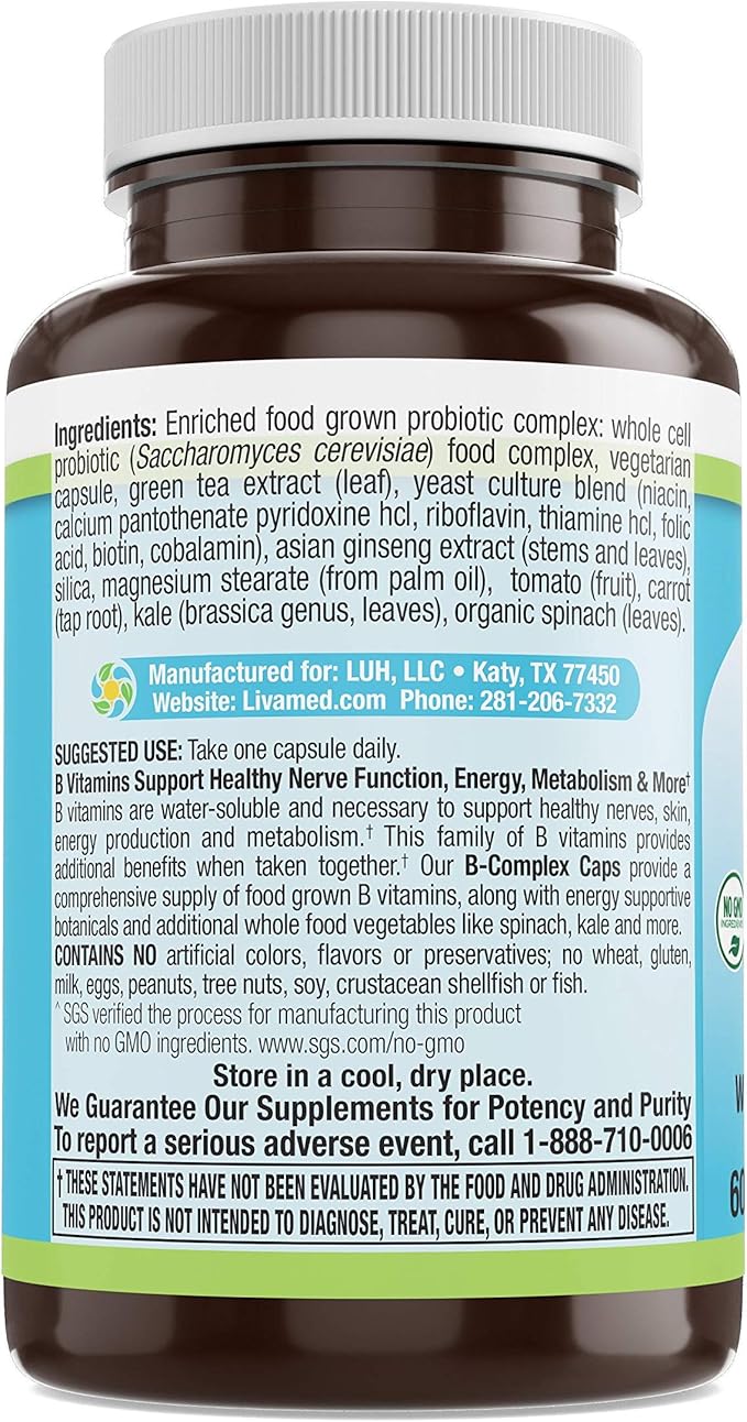 A Whole Food B Complex Vitamins - Cognitive Health Migraine Relief Thiamin Riboflavin Niacin Vitamin B12 and Green Tea Extract -Supplement for Energy and Stress - 180 Tablet