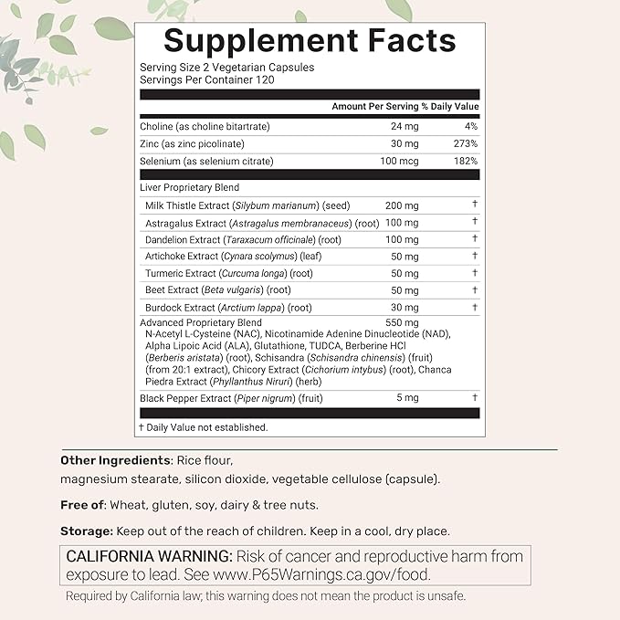 Liver Advanced+ 240 Veggie Capsules | 20-in-1 Complex with Milk Thistle Dandelion NAD NAC ALA TUDCA Glutathione Artichoke Turmeric &amp Astragalus | Non-GMO Gluten Free