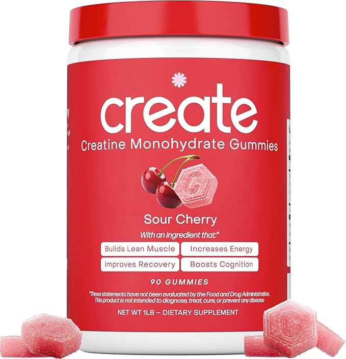 Create Creatine Monohydrate Gummies for Men &amp Women Boost Focus Strength and Endurance Anti-Melting Formula Vegan Gluten-Free Non-GMO 1.5g of Creatine per Gummy (Sour Cherry)