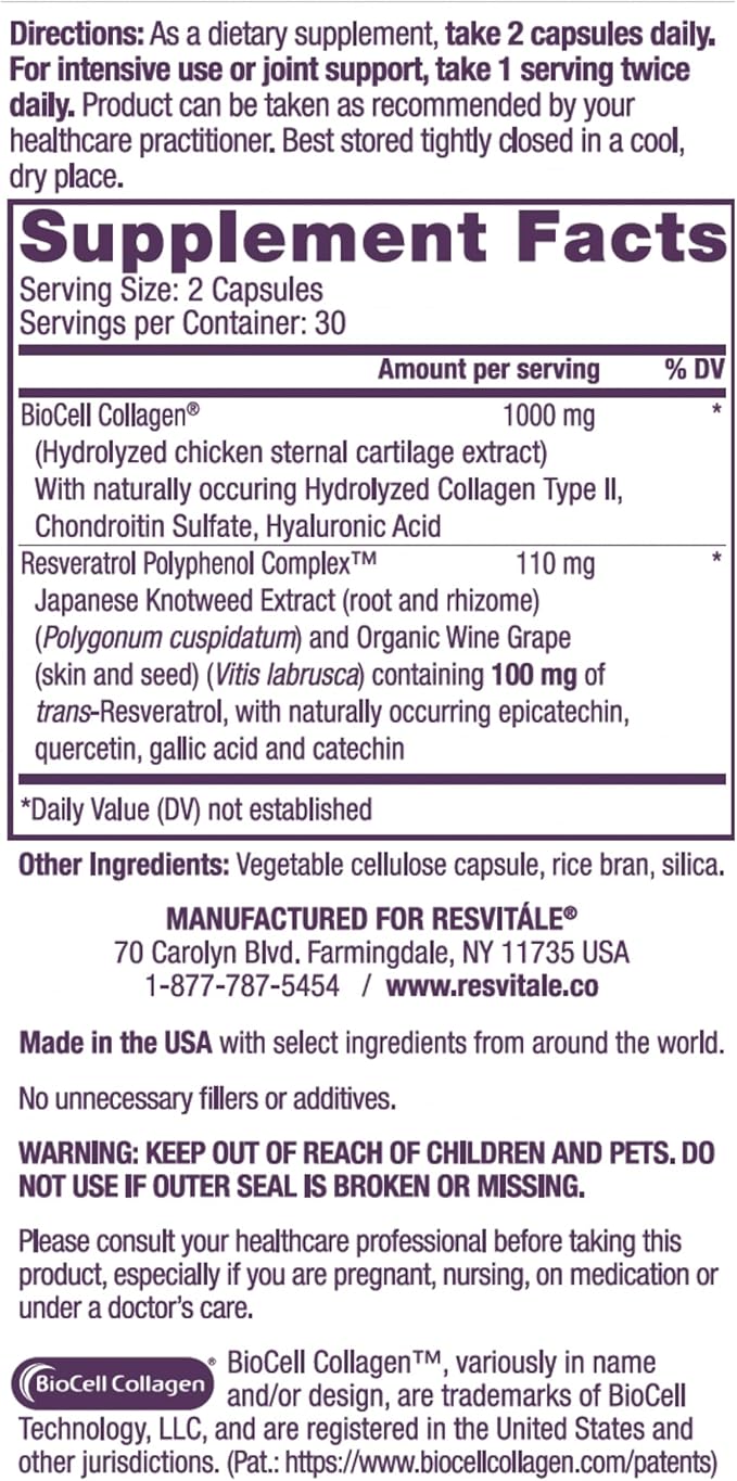 ResVitale Collagen Enhance - Beauty Supplement with Hyaluronic Acid &amp Resveratrol - 60 Capsules &amp Resveratrol 500 mg - Supplement for Men &amp Women - 60 Veggie Capsules