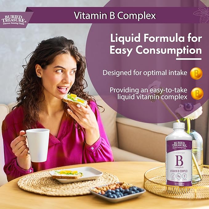 Buried Treasure B Complete - Liquid Vitamin B Complex with MethylCobalamin B12 &amp MethylFolate B9 Biotin B1 B2B3 B5 B6 Liquid &amp Sugar-Free Women &amp Men Dose Cup for Measuring