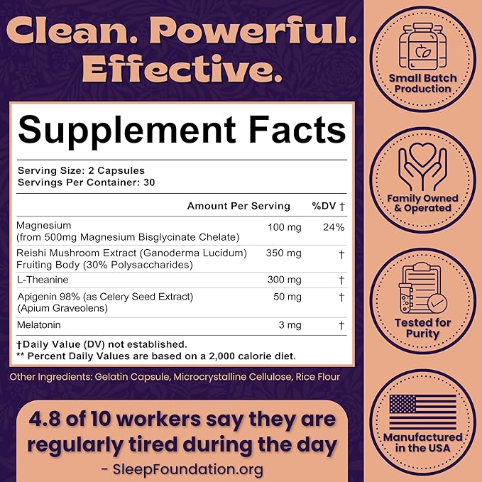 Natural Sleep Aid with Magnesium Glycinate Reishi Mushroom Extract L-Theanine Apigenin and Melatonin - Sleep Supplement for Adults Seeking Deep Rest - 60 Capsules Made in The USA