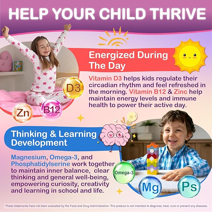 Magnesium Gummies for Kids - Magnesium Glycinate Chewable Supplement with L-Theanine Vitamin B6 Phosphatidyiserine and Omega for Kids Natural Zzz Development &amp Overall Health - Sugar Free &amp