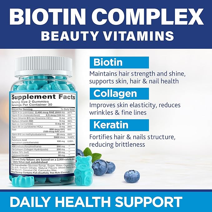 Biotin Gummies with Collagen &amp Keratin - Hair Growth Support Skin and Nail Strength Vitamins for Women &amp Men - Vitamin B7 + B-Complex MSM Bamboo Extract - Beauty Chew Supplement - 60 Gummy