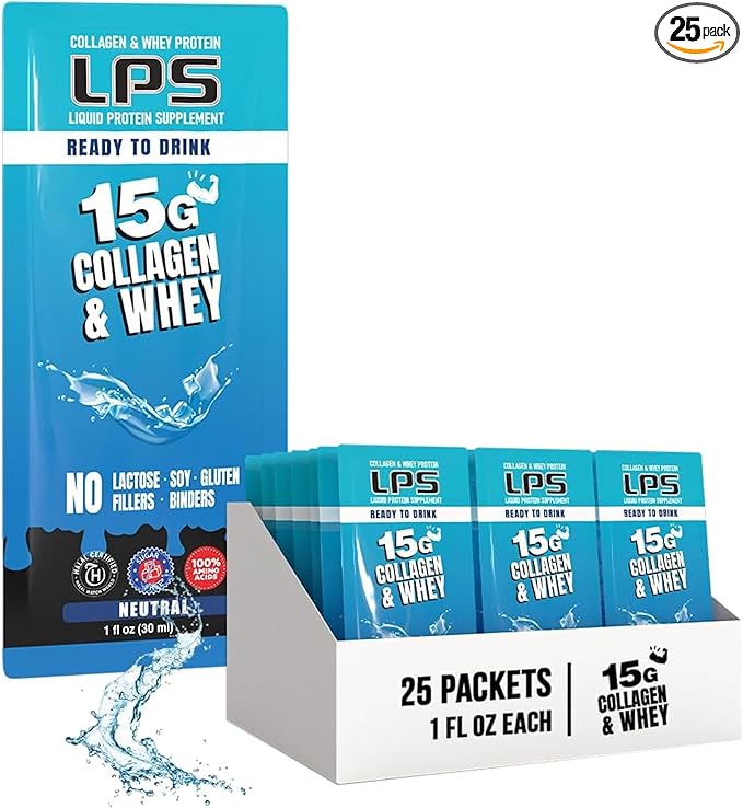 LPS Liquid Collagen &amp Whey Protein Supplement - Non-GMO Drink Sugar-Free - Promotes Healthy Skin &amp Hair for Men &amp Women Neutral Single Serve (25 Packets)