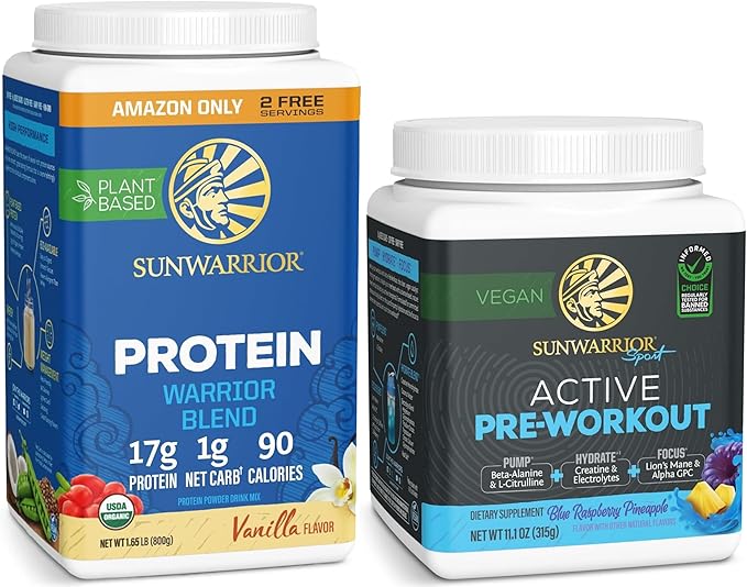 Active Preworkout Hydration Blend &amp Vanilla Organic Plant Based Protein Powder Set | Bundle &amp Save | Non-GMO Soy Dairy Filler &amp Gluten Free (32 Servings Protein 30 Servings Blue Rasp Pre