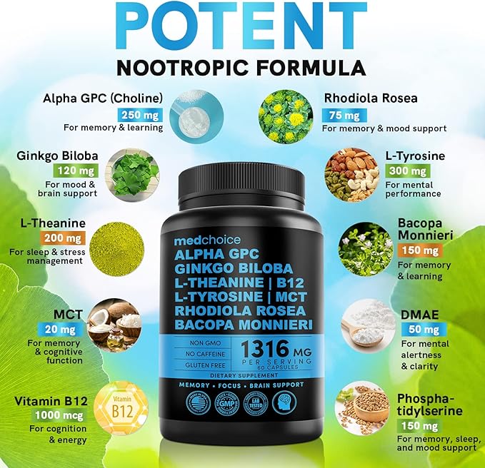 MEDCHOICE Sleep Melatonin (90ct) and Nootropic Brain (60ct) Supplement Bundle - Wellness Duo for Sleep Brain Focus &amp Mood Support - Vegan Non-GMO Gluten-Free