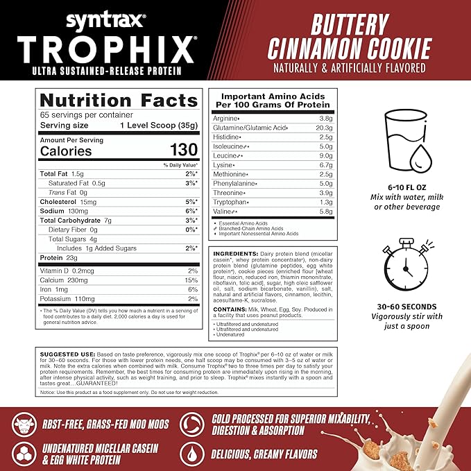 Syntrax Nutrition Trophix Ultra Sustained-Release Protein Powder Blend Real Cookie Pieces Buttery Cinnamon Cookie 5 lbs