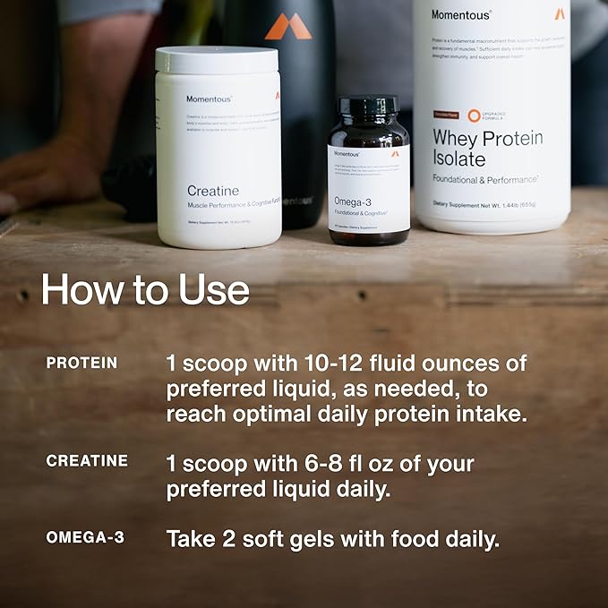 Momentous Three - Creatine Monohydrate Powder (30 Servings) Grass-Fed Whey Protein Powder (Vanilla) &amp Omega-3 Fish Oil 1600mg - Daily Essentials for Strength Performance &amp Lean Muscle Recove
