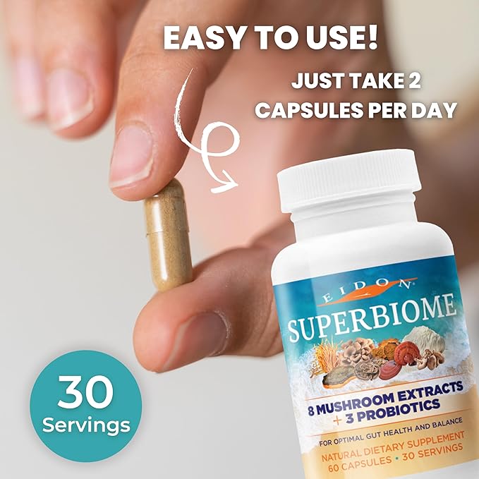 Eidon Ionic Minerals SuperBiome Mushroom Extract Supplement Mushroom Complex Capsules with Reishi Chaga Lions Mane Cordyceps Turkey Tail 30 Servings